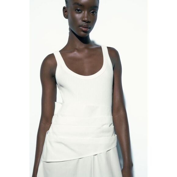 White Zara Mixed Media Ribbed Cotton Round Neck Sleeveless Tank Midi Dress (NWT) - Picture 2 of 7